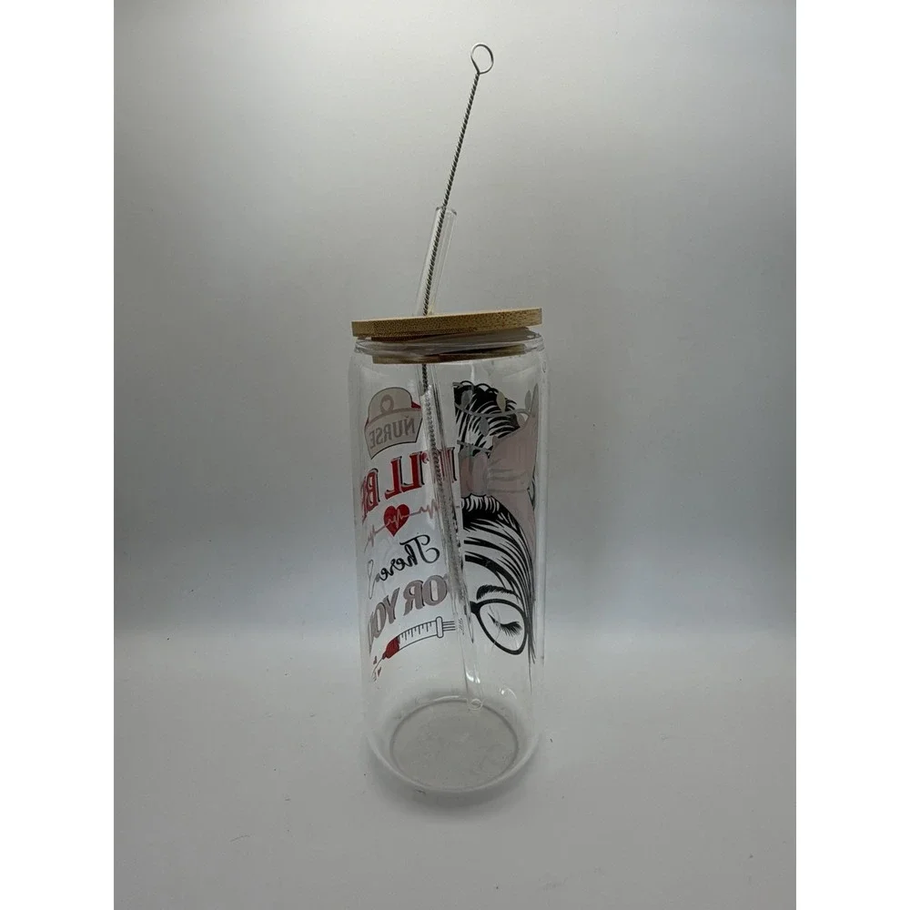 NURSE Glass Tumbler Cup Bamboo Lid Glass‎ Straw & Straw Cleaner